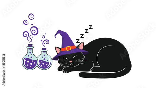 A cute black cat wearing a witch hat is sleeping peacefully next to bubbling purple magic potions on a white background.
