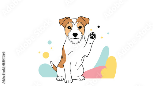 Friendly Jack Russell Terrier dog sitting and waving its paw in a cute greeting gesture, with colorful abstract shapes behind.