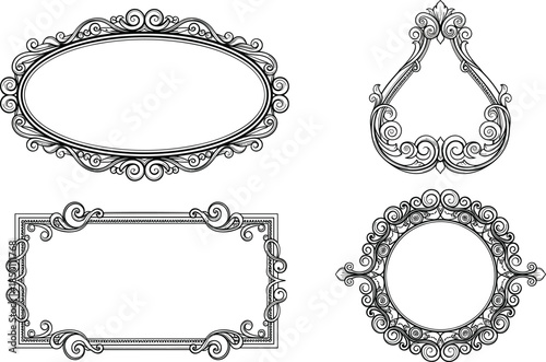 Ornate frame, decorative border, floral scrollwork, vintage design, teardrop shape, circular motif, elegant layout, classic style, label, certificate