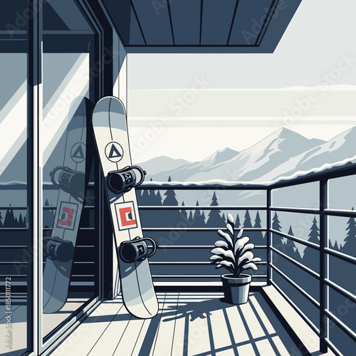 Snowboard leaning against balcony railing with mountain view  