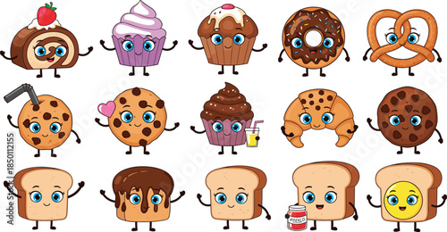 Collection of cute cartoon bakery and dessert mascot characters including cupcake, donut, pretzel, croissant, cookies, muffin, and bread slices with happy faces.