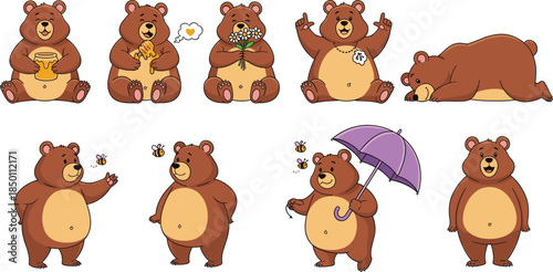 Set of cute cartoon brown bear mascots eating honey, holding flowers, sleeping, walking with purple umbrella, and interacting with small bumblebees.