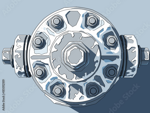 Industrial snow covered valve with detailed metal texture on blue background.