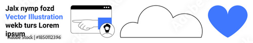 Online identity, user interface, cloud computing, digital storage, technology design, online communication. A user profile icon, a cloud outline and a heart symbol. Online identity and user