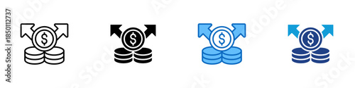 Revenue Growth Multiple Style Icon Design Vector - Coins with arrows and currency symbol representing profit increase, financial growth, and income expansion