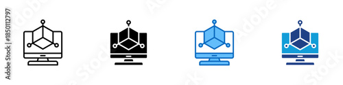 3D Modeling Multiple Style Icon Design Vector - Computer screen with three dimensional structure symbolizing digital modeling and technical visualization