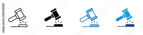 Legal Decision Multiple Style Icon Design Vector - Judge gavel striking surface representing legal rulings, justice enforcement, and court decisions