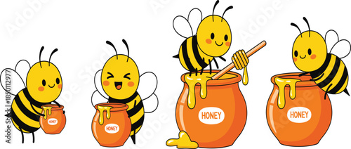 PrintVector illustration set of four cute kawaii bumblebee characters with honey pots and dipper for nursery decor, stickers, and sweet food branding.