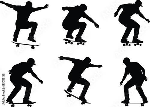 Skateboarding silhouette, trick pose, black figure, action sport, dynamic motion, skateboard jump, urban style, extreme activity, balance, youth energy