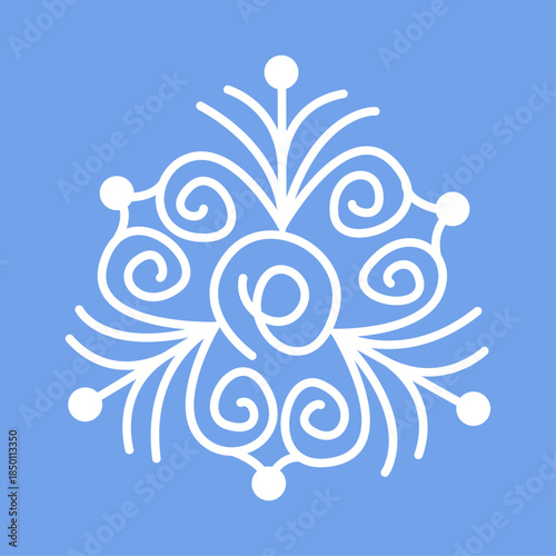 Snowflake crystal shape on blue background. Geometric, abstract frozen snow from. Line element for laser cutting
