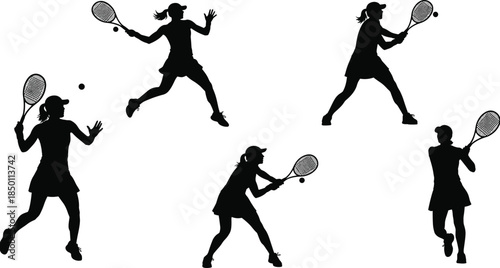 Tennis player silhouette, action poses, racket swing, sports motion, athletic training, dynamic movement, black figure, tennis ball, competitive game, fitness