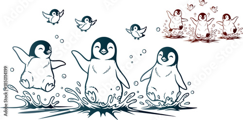 Pixel art penguins splashing happily in dark water with small birds flying above them