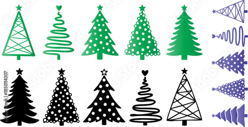 Collection of diverse green and purple stylized Christmas tree icons perfect for holiday design projects