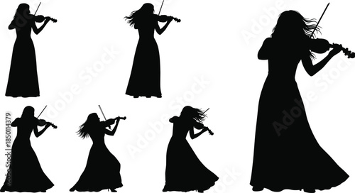 Violinist silhouette, woman playing violin, musical pose, black figure, artistic motion, long dress, classical music, expressive gesture, performance, elegance