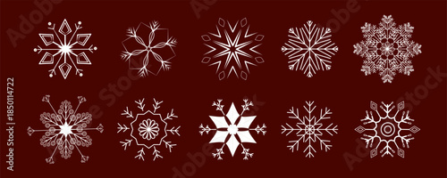 Elegant snowflake design set white line art style deep red background. This collection features various decorative snowflake shapes symmetrical geometric details, perfect Christmas winter holiday 