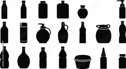 Bottle silhouette, container shapes, packaging design, black icons, pump bottle, jar outline, cosmetic packaging, product mockup, industrial, template