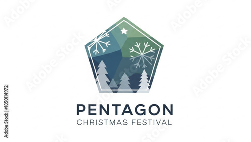 Pentagon Christmas Festival Logo, Geometric Winter Design with Pine Trees and Snowflakes