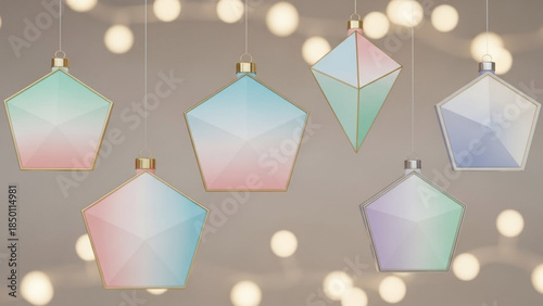 Modern Pastel Geometric Christmas Ornaments Hanging with Bokeh Lights