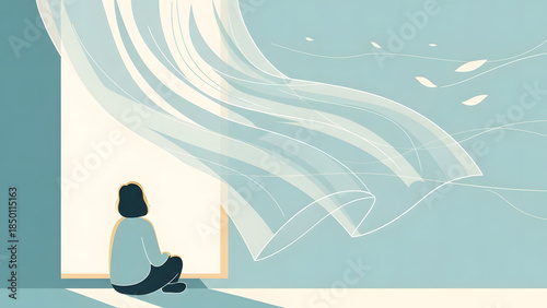 A person sitting by a window, gazing at the blowing curtains and feeling the wind