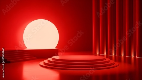 Minimalist red stage with glowing egg light and tiered podium