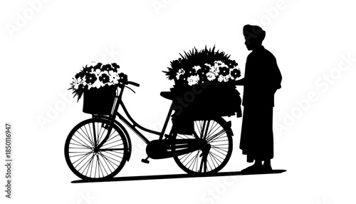 Local Flavor: Traditional Street Flower Vendor with Bicycle Silhouette - Authentic Culture Vector
