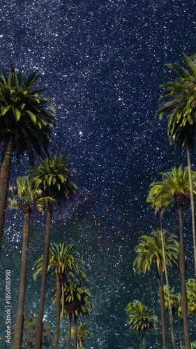 Driving Beverly Hills palm tree boulevard at night with starry milky way sky. Vertical design in 9:16 ratio. Smartphone and social media ready.