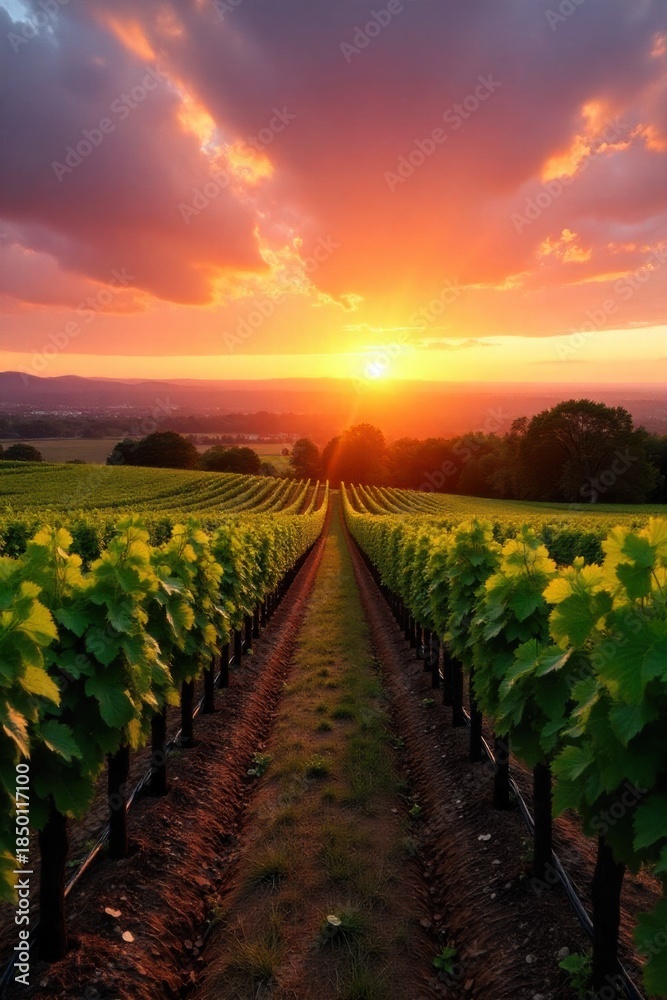 Fototapeta premium Sunset over vineyards in Bordeaux, Aquitaine, France generative AI Sunset over vineyards in Bordeaux, Aquitaine, France