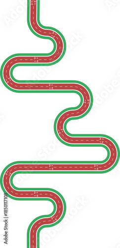 Vector element displaying an asymmetric maze layout for a cycling lane using curved wave paths, grassy median, arrow direction, and bike symbol.