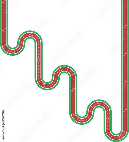 Vector element depicting a diagonal bike lane path defined by a single rounded wave form, grassy center separation, bicycle icon, and arrow direction.