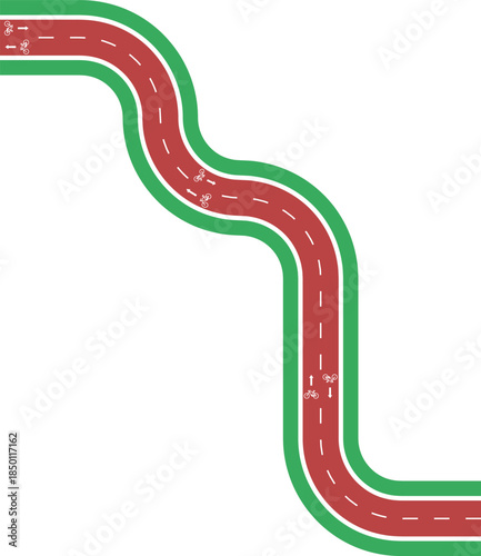 Vector element showing a diagonal cycling route with zigzag motion, rounded wave edges, grassy median, arrow indicator, and bicycle pictogram.