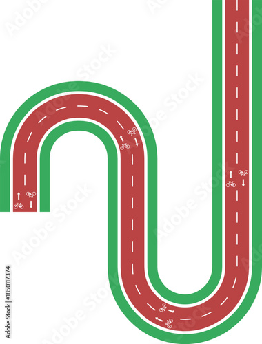 Vector element illustrating an irregular labyrinth cycling path built with rounded waves, grassy median separation, bike icon, and arrow direction.