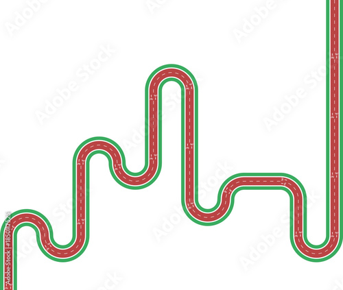 Vector element illustrating a long maze cycling path with extended routing, grassy divider, bicycle pictogram, and arrow direction.