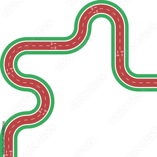 Vector element showing a linear bike lane path formed by a single rounded wave with grassy median, arrow indicator, and bicycle symbol.