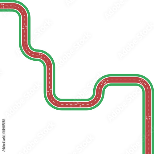 Vector element showing a long rounded cycling path with smooth routing, grassy divider, bicycle pictogram, and directional arrow.