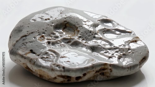 Shiny metal coin fragment lying on white surface video sequence.