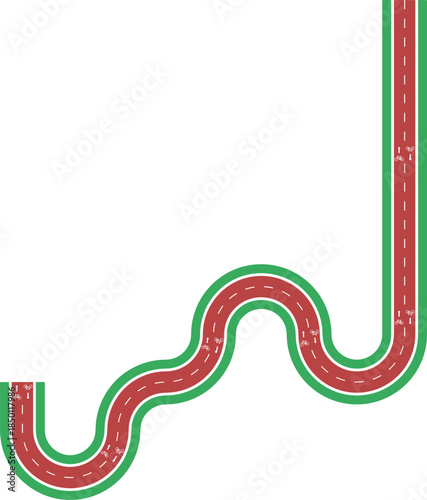 Vector element showing a long cycling route composed of rounded path geometry with grassy divider, bicycle pictogram, and arrow direction.