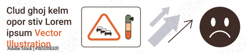 Environmental awareness, air pollution, traffic congestion, climate impact, eco-sustainability, public health. Images of traffic sign, pollution indicator and sad face. Air pollution