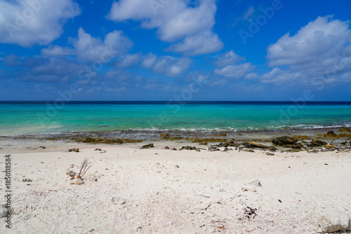 Pristine tropical beach with white sand and turquoise water at Donkey Beach, Bonaire