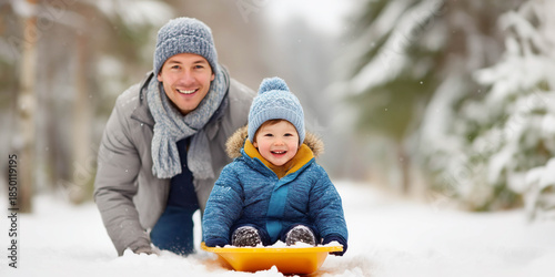 A father takes his happy son sledding in a snowy park. The theme is family and childhood.