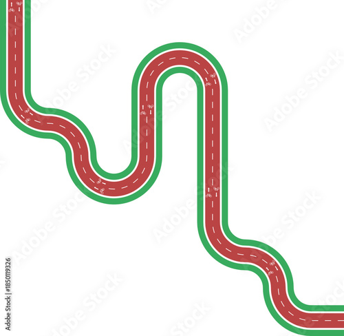 Vector element presenting a linear maze inspired bike lane path with continuous routing, grassy divider, arrow marking, and bicycle pictogram.