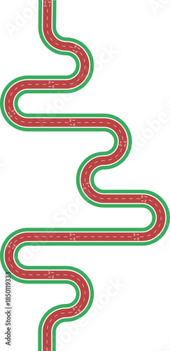 Vector element displaying an asymmetric maze layout for a cycling lane using curved wave paths, grassy median, arrow direction, and bike symbol.