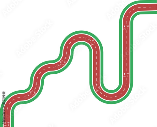 Vector element representing a two way bike path built from continuous rounded wave forms with grassy center, bicycle pictogram, and arrow indicator.