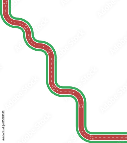 Vector element showing a diagonal oriented maze bike lane composed of wave shaped paths, grassy divider, bicycle pictogram, and travel arrow.