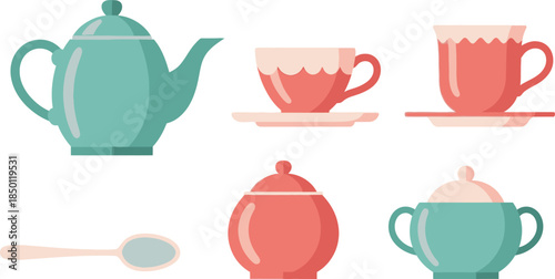 Flat vector set of 5 tea party items teapot cup saucer sugar bowl and spoon