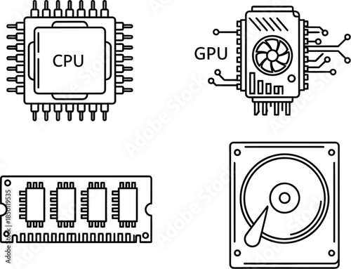 Set of four essential computer hardware icons including cpu gpu ram and hard drive storage in line art