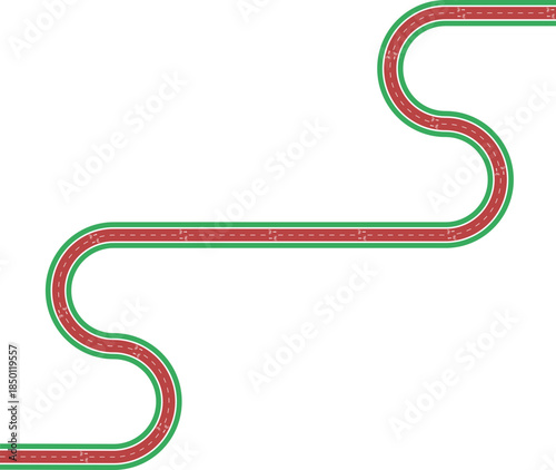 Vector element presenting an irregular square based bike path with zigzag routing, grassy divider, arrow marking, and bicycle pictogram.