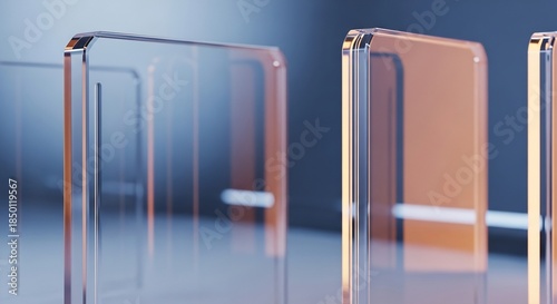 Row of translucent orangetinted rectangular panels with rounded corners and light lines in a bluegrey setting