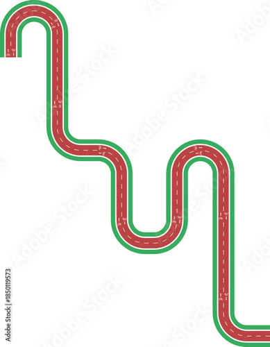 Vector element showing a long labyrinth style bike lane path with continuous routing, grassy divider, arrow direction, and bike pictogram.