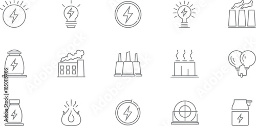 Collection of fifteen monochrome line icons representing electricity generation power plants and energy concepts for design