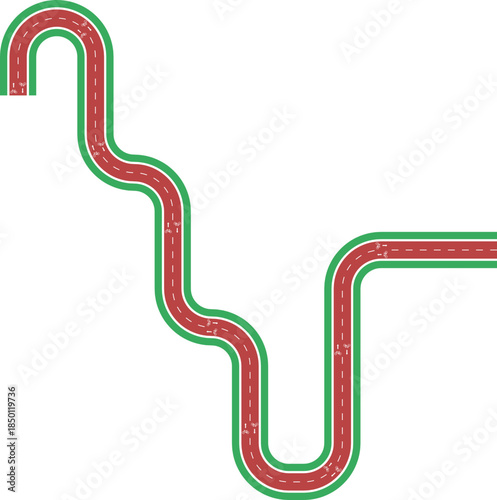 Vector element depicting a long maze style bike lane with continuous turns, grassy median separation, arrow marking, and bike symbol.